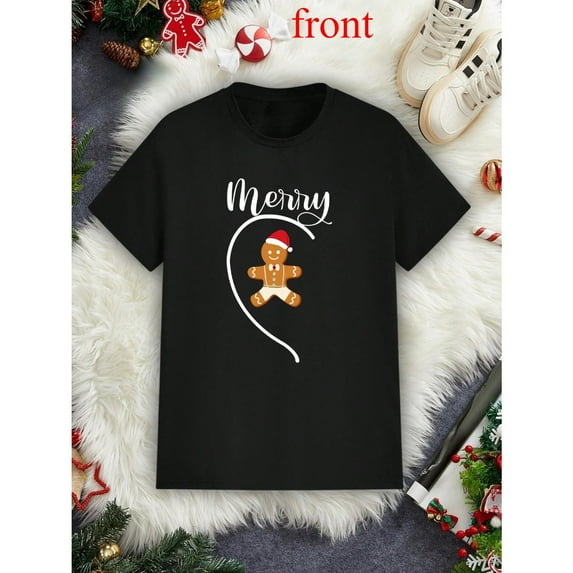Men's Black T-Shirt Graphic Tees "Merry" Gingerbread Man with Santa Hat Christmas Design Shirts S-5XL Casual Daily Tops