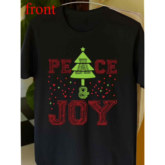 Men's Black T-Shirt Graphic Tees "Peace & Joy" Christmas Tree Varsity Typography Design Shirts S-5XL Casual Daily Tops