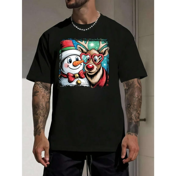 Men's Black T-Shirt Graphic Tees Snowman & Reindeer with Heart Glasses Christmas Design Shirts S-5XL Casual Daily Tops