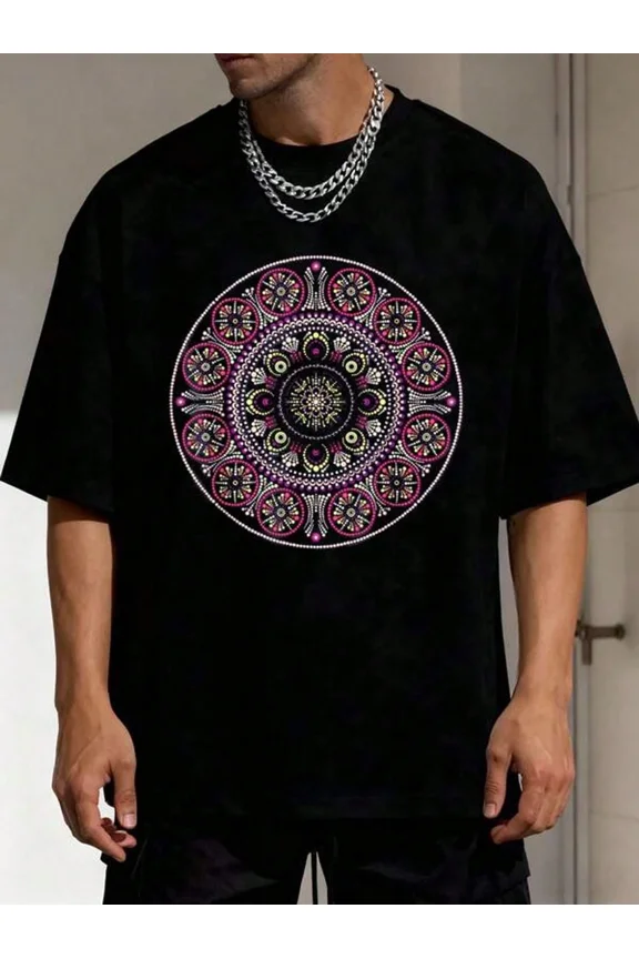 Men's Black T-Shirt Sacred Geometry Design Mandala Chakra Love Art-Shirt