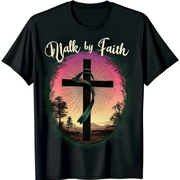 Men s Black T-Shirt Walk by Faith with Wooden & Green Ribbon Design