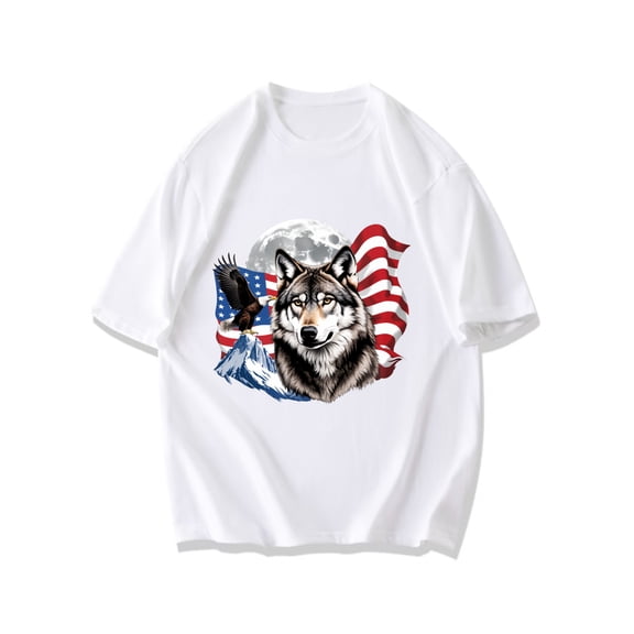 Men's Black T-Shirt Wolf Eagle American Flag Moon Mountain Print Casual Outdoor Wear