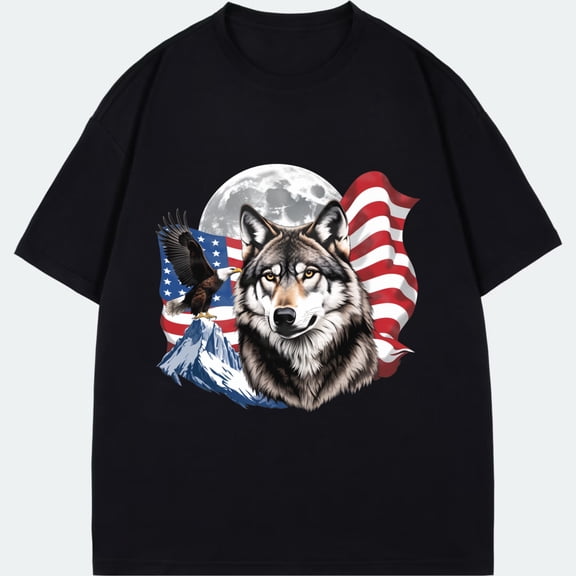 Men's Black T-Shirt Wolf Eagle American Flag Moon Mountain Print Casual Outdoor Wear