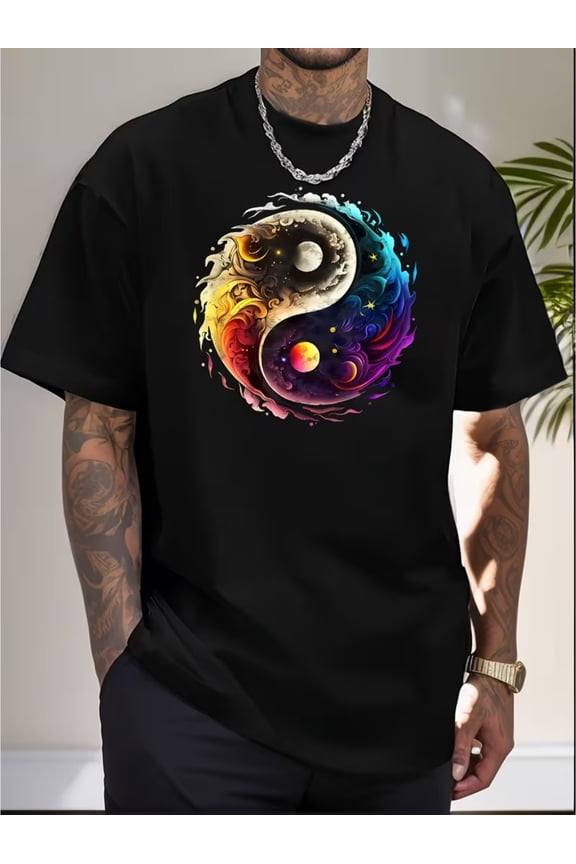 Men's Black T-Shirt with Yin Yang Universe Design - Celestial Print Round Neck, -Stretch Fabric Suitable for All-Season Casual Wear, Yin Yang Symbol & Planetary Phases Print T-Shirt