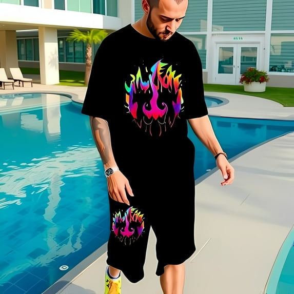 Men's Black T-Shirt and Shorts Set with Colorful Dripping Flame Design - Stylish Summer Outfit