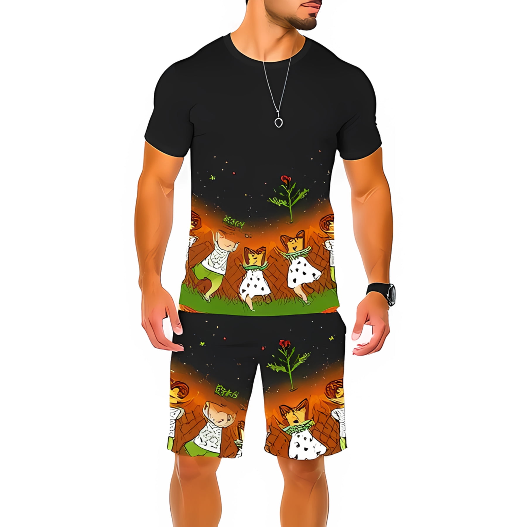 Cartoon White T-Shirt With Brown Shorts 2pc Set