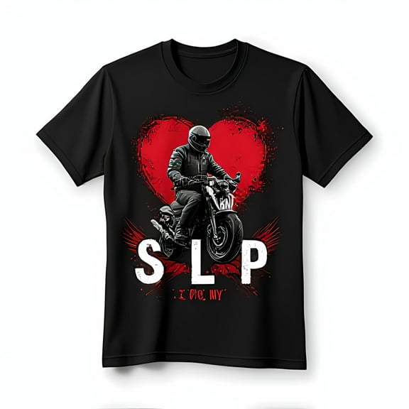 Men's Black T-Shirt with Biker Riding Motorcycle Design SLP & I DIG NY