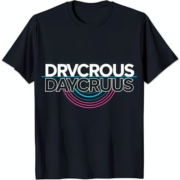 Men's Black T-Shirt with Blue & Pink Graphic 'DRVCROUS' & 'DAYCRUUS' Mirrored Design