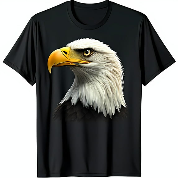 Men's Black T-Shirt with Bold Bald Eagle Head Graphic Soft & Comfortable