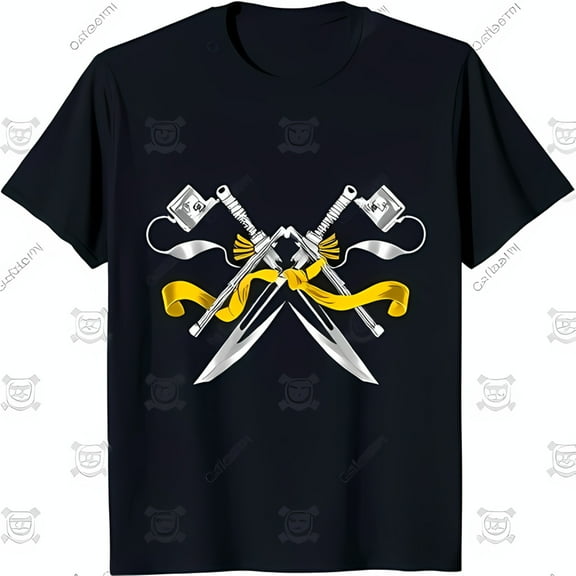 Men's Black T-Shirt with Bold Crossed Graphic & Yellow Ribbon Design