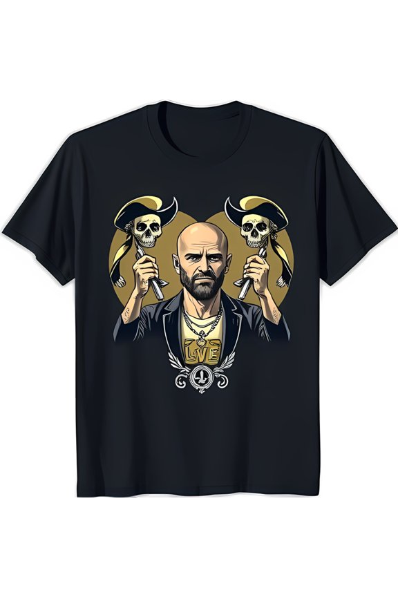 Men's Black T-Shirt with Bold Graphic: Bearded Man & Skulls