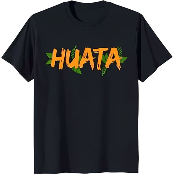 Men's Black T-Shirt with Bold 'HUATA' Graphic Framed by Green Leaves