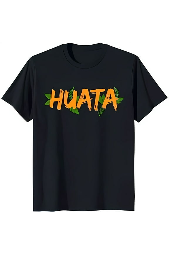 Men's Black T-Shirt with Bold 'HUATA' Graphic Framed by Green Leaves