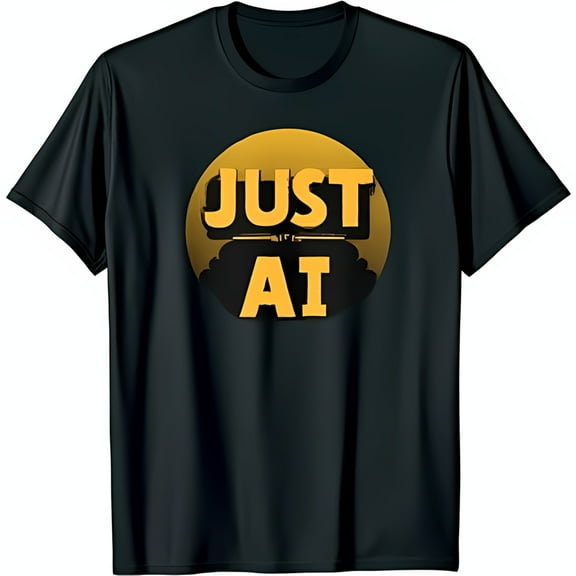 Men s Black T-Shirt with Bold JUST AI Yellow Circle Graphic Short Sleeve Neck