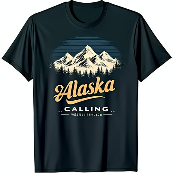Men's Black T-Shirt with Bold Mountain Range Graphic Alaska Calling Design