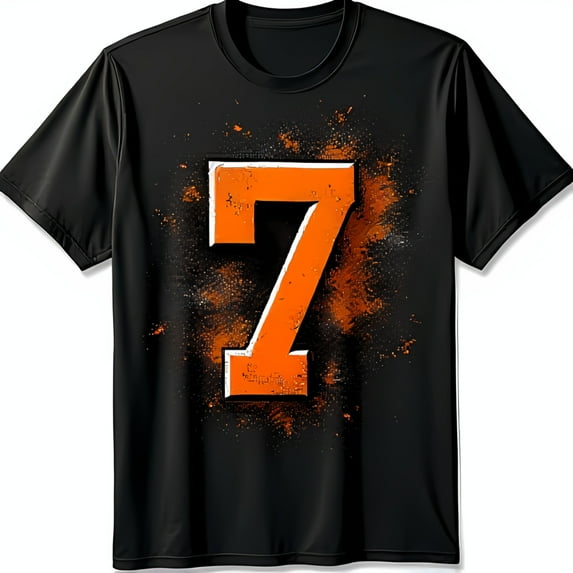 Men's Black T-Shirt with Bold Number 7 and White Splatter Design