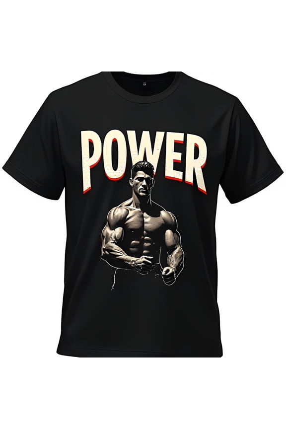Men's Black T-Shirt with Bold 'POWER' Graphic and Flexing Muscle Design