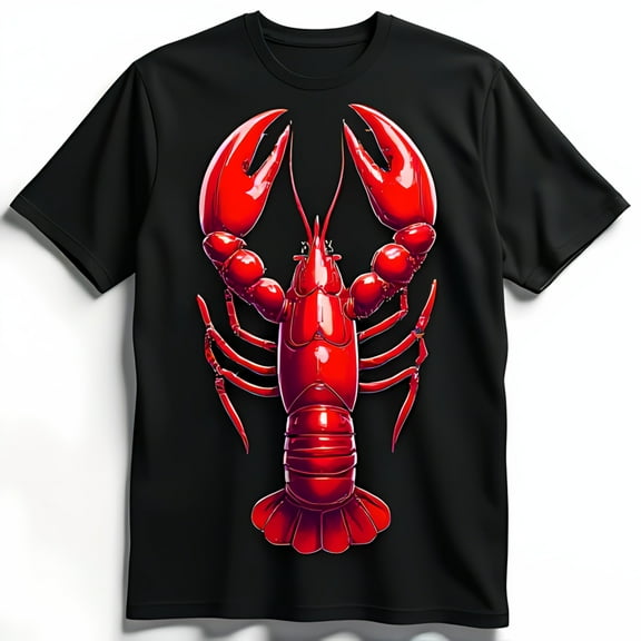 Men's Black T-Shirt with Bold Red Lobster Graphic Detailed Claws & Body Design