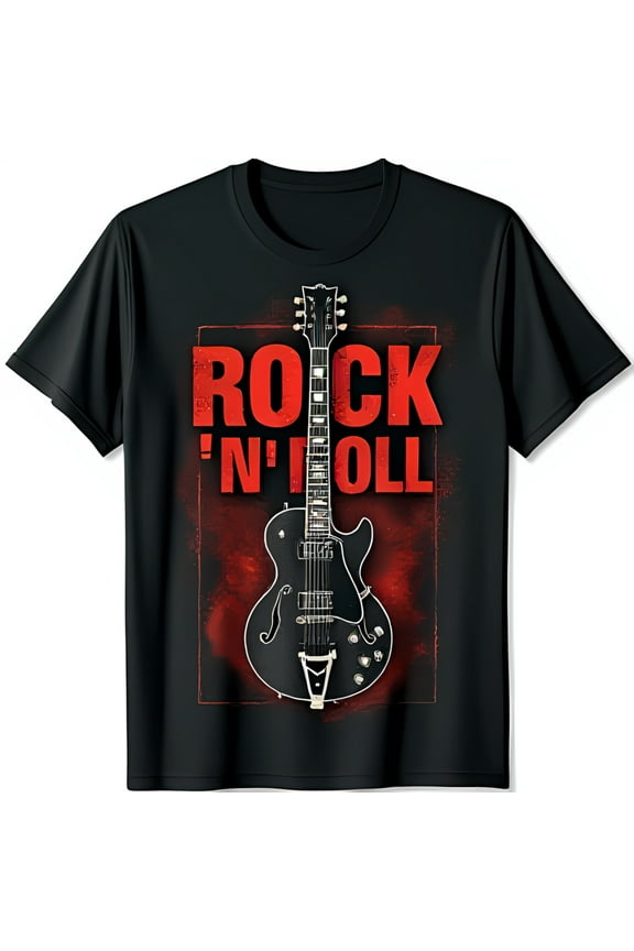 Men's Black T-Shirt with Bold Red Rock n Roll Graphic