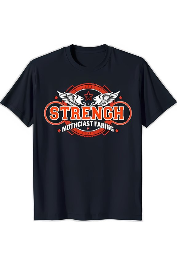 Men's Black T-Shirt with Bold Red and White Eagle 'Strength' & 'Mothciast Faining'