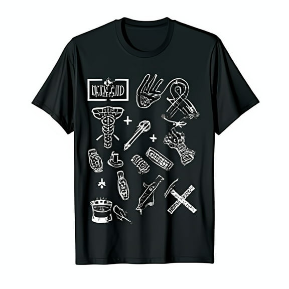 Men s Black T-Shirt with Bold White Graphic Rock & Roll & Candle Design