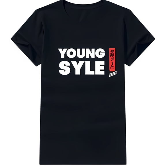 Men's Black T-Shirt with Bold 'YOUNG STYLE' Graphic Print Comfortable Neck Tee