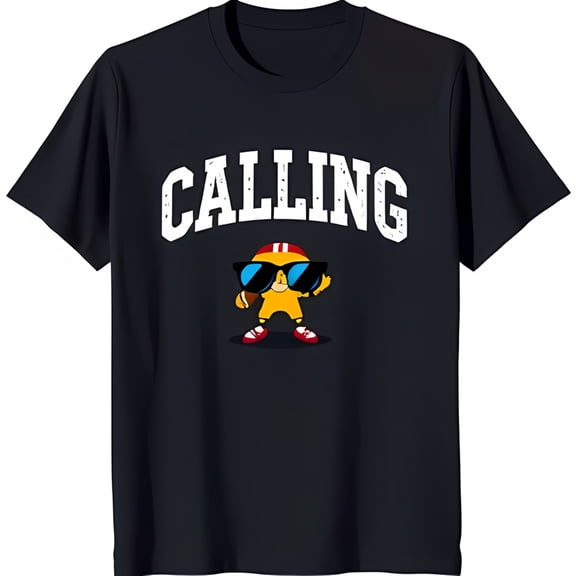 Men s Black T-Shirt with CALLING Graphic & Cheerful Cartoon Character