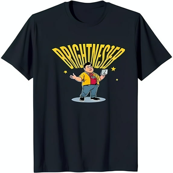 Cartoon Character in Yellow Shirt & Red Tie Holding Sign Blue T-Shirt with Starry Design
