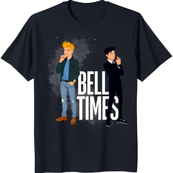 Men's Black T-Shirt with Cartoon Characters 'Bell Times' Graphic Design
