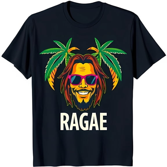 Men's Black T-Shirt with Cartoon Dreadlocked Man Sunglasses & Trees