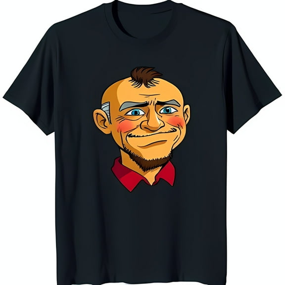 Men's Black T-Shirt with Cartoon Graphic of Serious Bald Man in Red Shirt