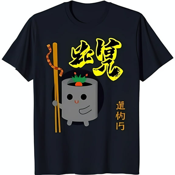 Men's Black T-Shirt with Cartoon Gray Graphic Smiling Face & Chopsticks Unique Design