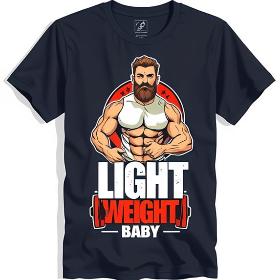 Men's Black T-Shirt with Cartoon Muscular Man Graphic 'LIGHT WEIGHT '