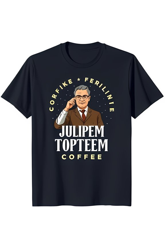 Men's Black T-Shirt with Cartoon Mustached Man Graphic & Coffee Theme