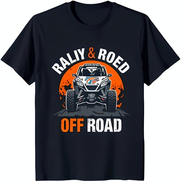 Men's Black T-Shirt with Cartoon Off Road Vehicle Graphic & Rally Text