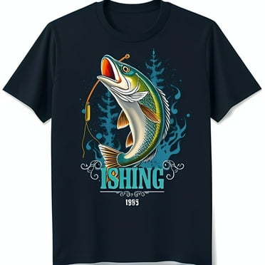 Men's Black T-Shirt with Colorful Fish Graphic 'ISHING' & 1985 Design