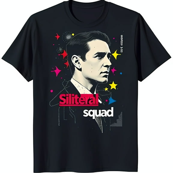 Men's Black T-Shirt with Colorful Graphic of Serious Man in Suit 'Sililiteral Squad'