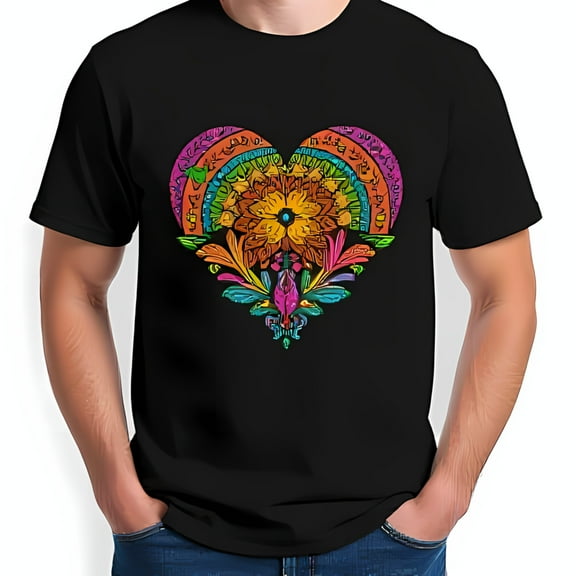 Men's Black T-Shirt with Colorful Heart Shaped Flower Kaleidoscope Design