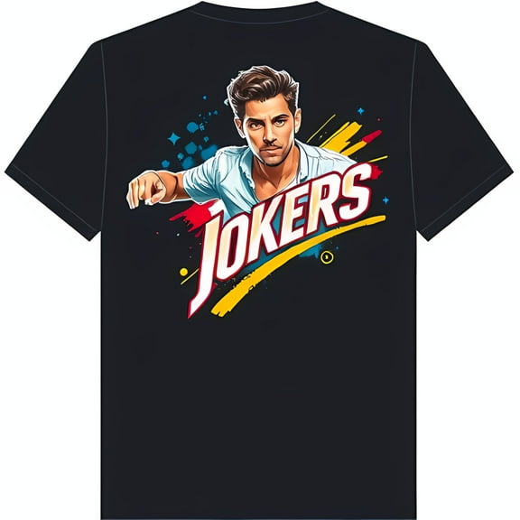 Men's Black T-Shirt with Colorful 'Jokers' Graphic Fun Design Featuring Pointing Man