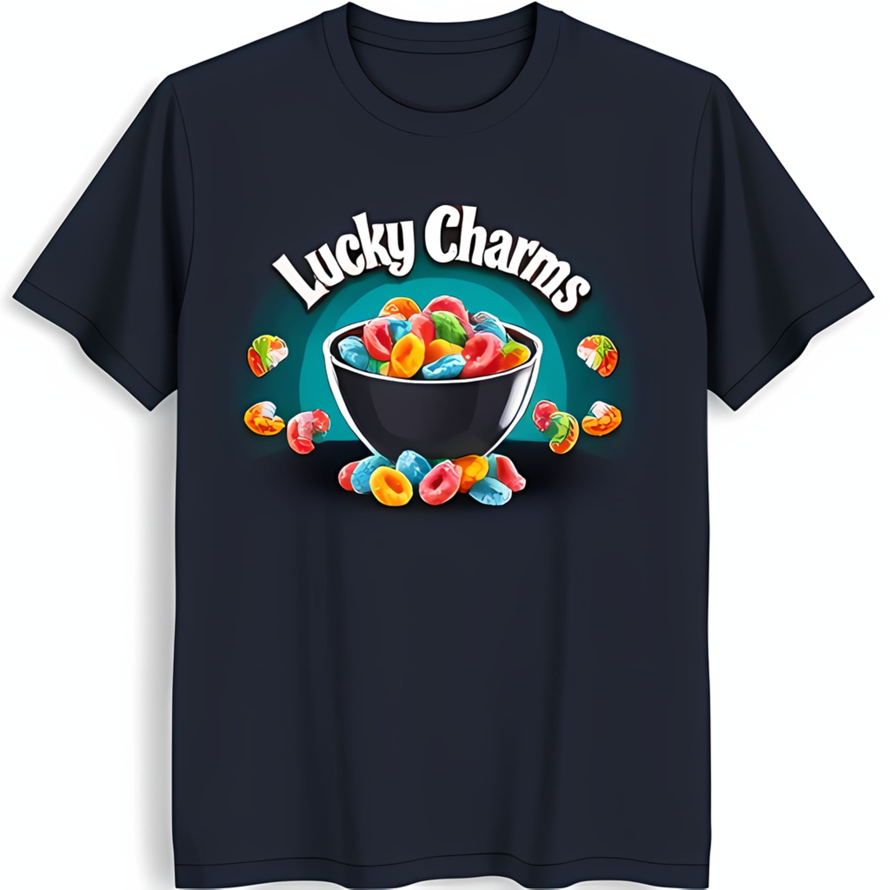 Men's Black T-Shirt with Colorful Lucky Cereal Graphic Design