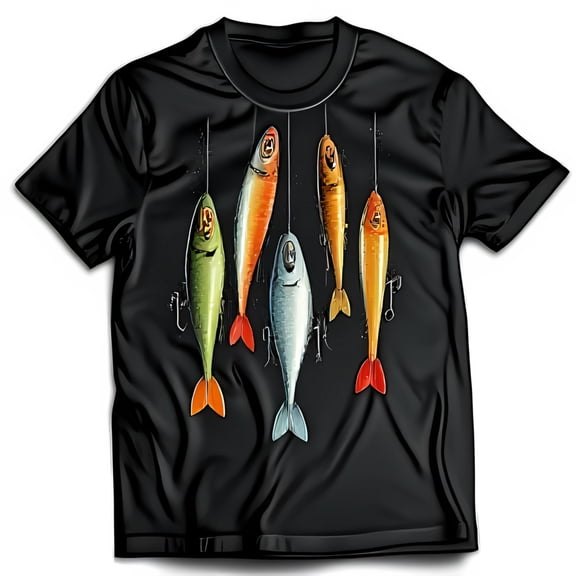 Men s Black T-Shirt with Colorful Lures Graphic Short Sleeve Neck
