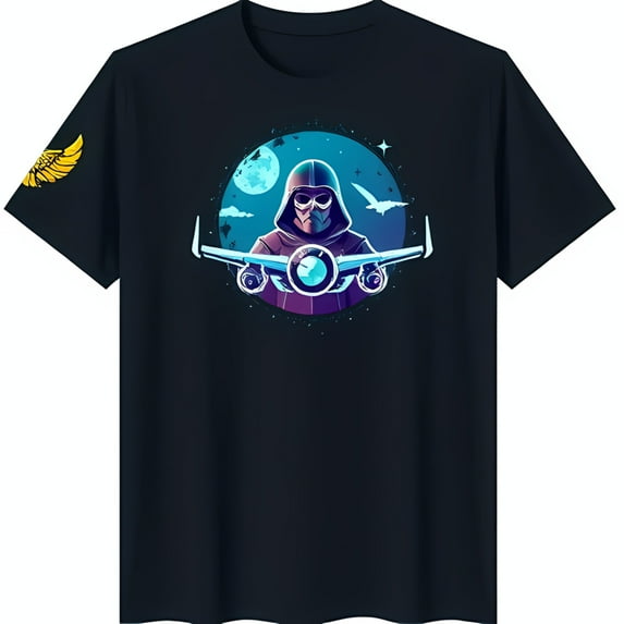 Men's Black T-Shirt with Dark Cloaked Figure Graphic Starry Sky Design