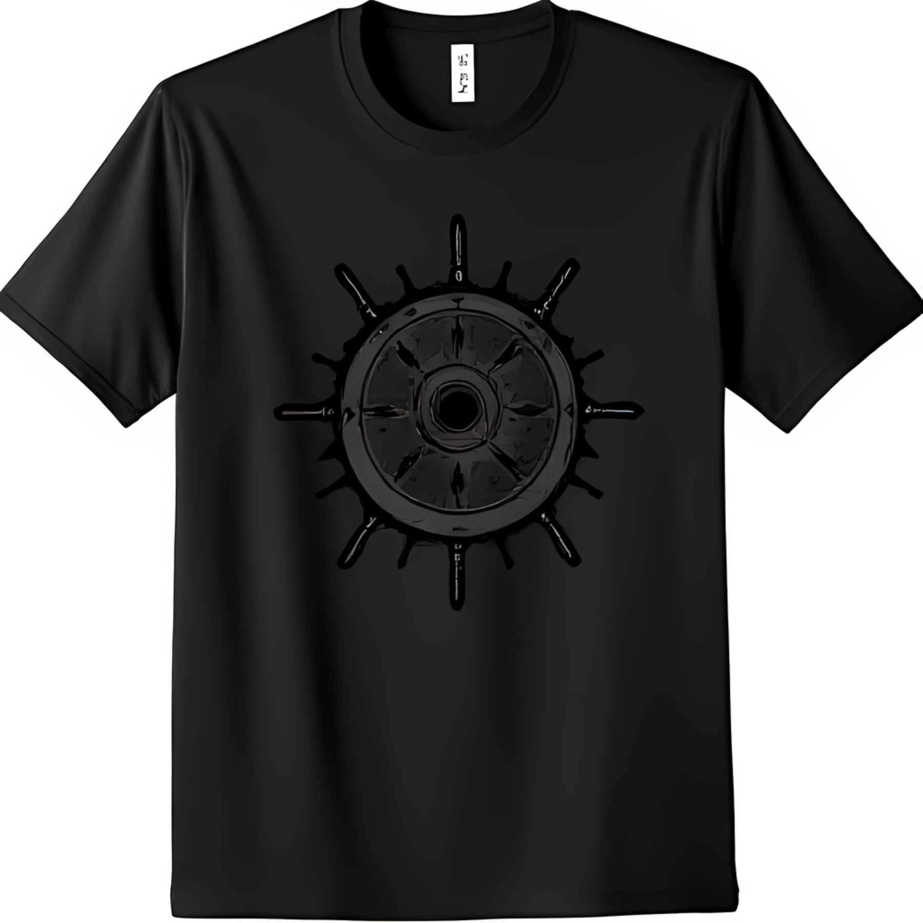 Men's Black T-Shirt with Dark Grey Sun Wheel Graphic Design Casual