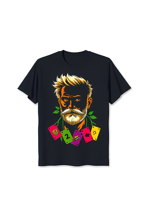 Men's Black T-Shirt with Detailed Graphic of Bearded Man & Playing Cards