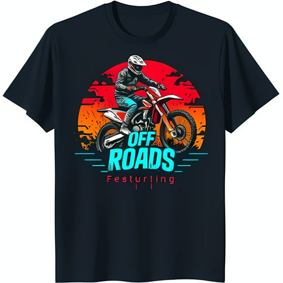 Men's Black T-Shirt with Dirt Bike Rider Graphic Sunset Design 'OFF ROADS'