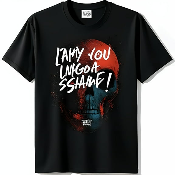 Men s Black T-Shirt with Distorted Red and Blue Graphic & Unique Text