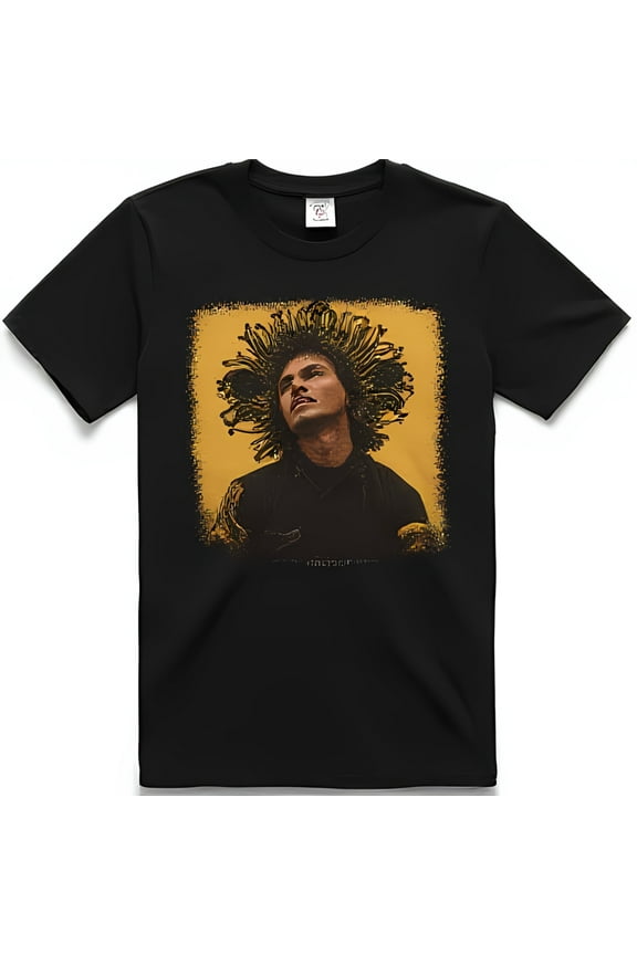 Men's Black T-Shirt with Dreadlock Portrait Graphic Warm Light Design