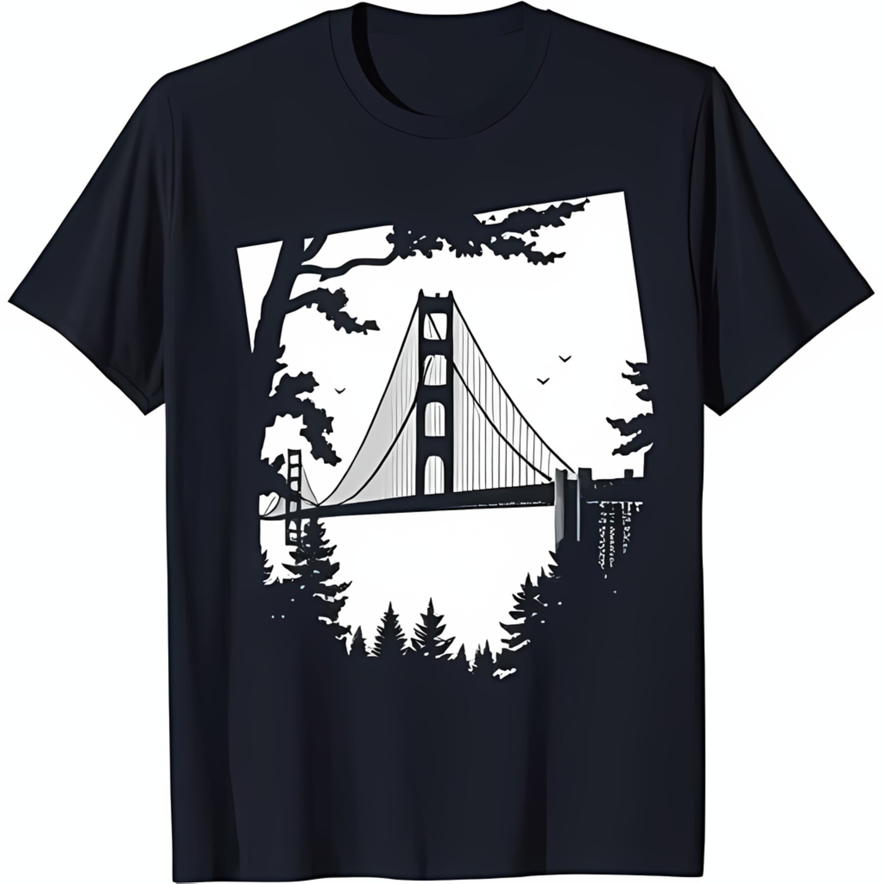 Men's Black T-Shirt with Elegant Golden Gate Bridge Graphic Framed by Trees