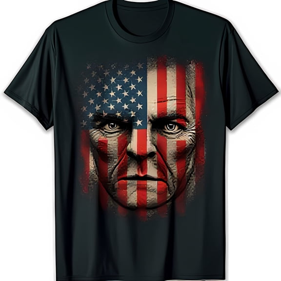 Men's Black T-Shirt with Face Graphic Serious Design