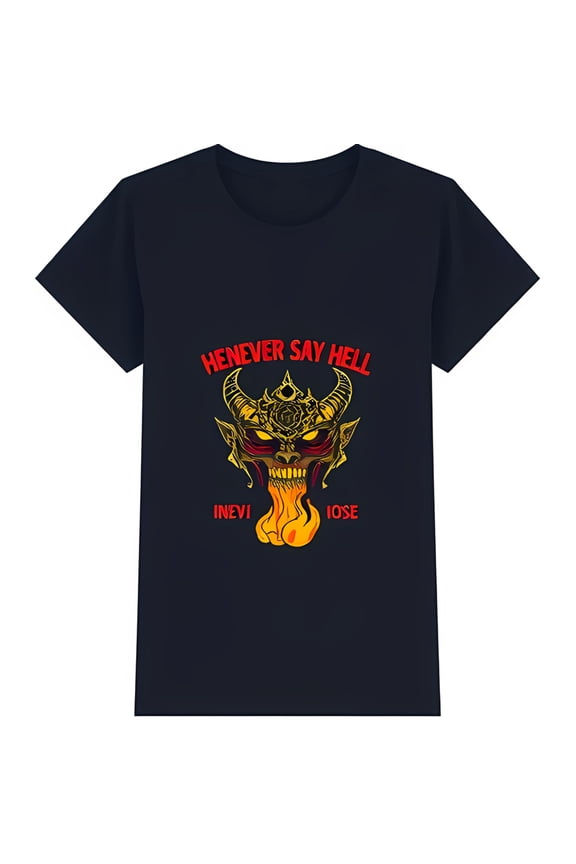 Men's Black T-Shirt with Fiery Graphic & Bold 'HENEVER SAY HELL' Design
